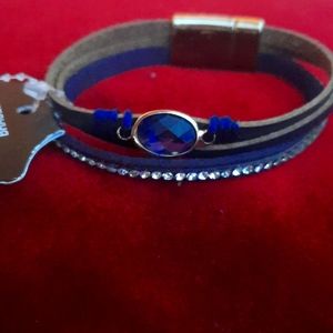 Navy blue leather bracelet w/diamonds